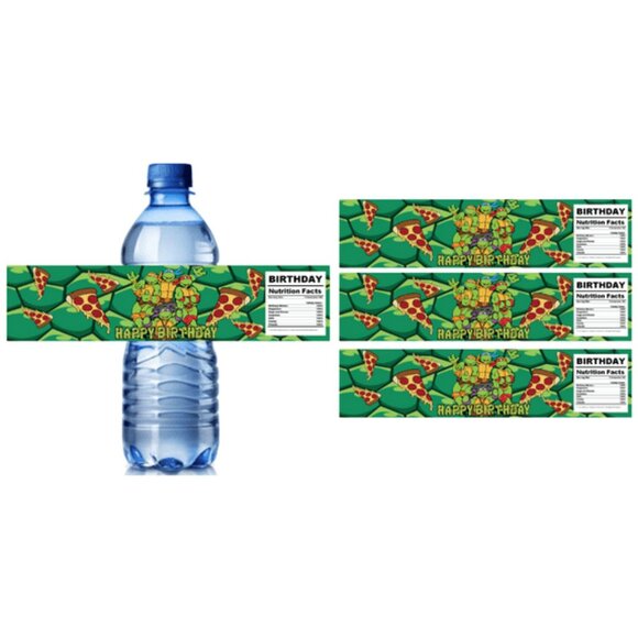 Turtles Birthday Water Bottle Labels, Pizza Theme Party Decorations, 8.5x2 in - Picture 4 of 4